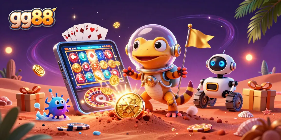 Experience vibrant gaming at gg88 with a Martian gecko discovering a golden casino.