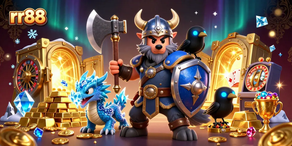 Engage and win at rr88 with our exciting online casino featuring vibrant gaming elements and a majestic Viking.