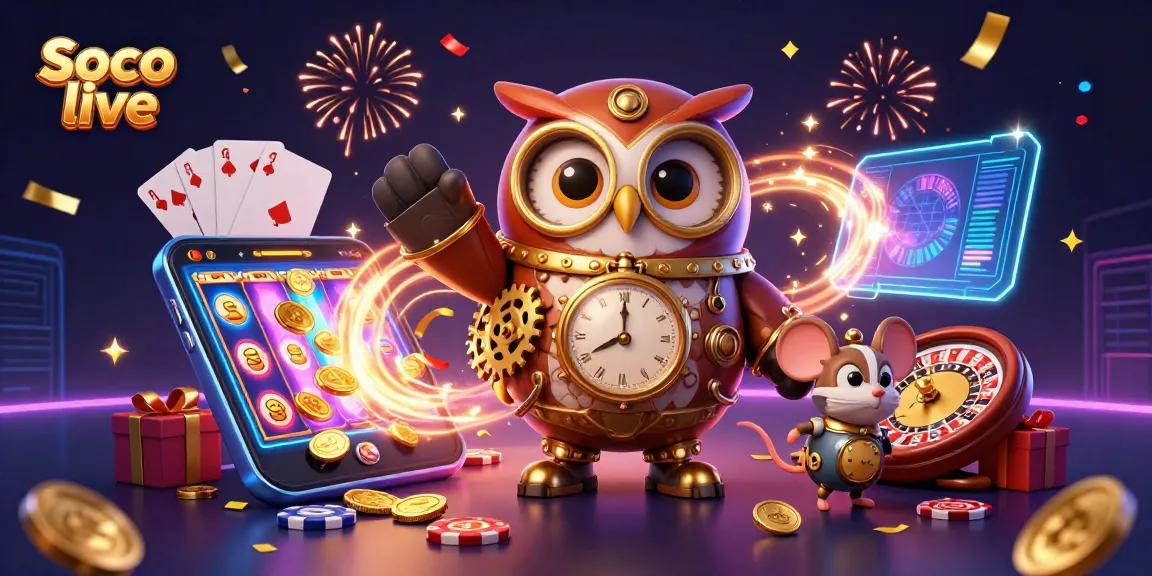 Soco live showcases a vibrant 3D owl and mouse in a high-energy casino scene with slots and poker elements.