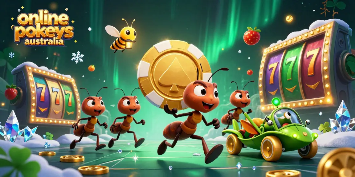 Experience thrilling online pokies Australia with ants heisting a giant poker chip in a vibrant casino scene.